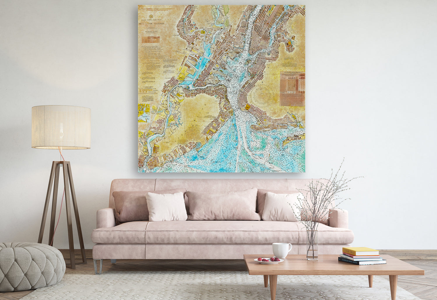 Shown: New York Harbor Nautical Chart, an oil on canvas original by Seth B Minkin